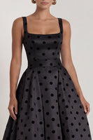 Load image into Gallery viewer, Square Neck Long A Line Black Polka Dots Formal Dress with Bow