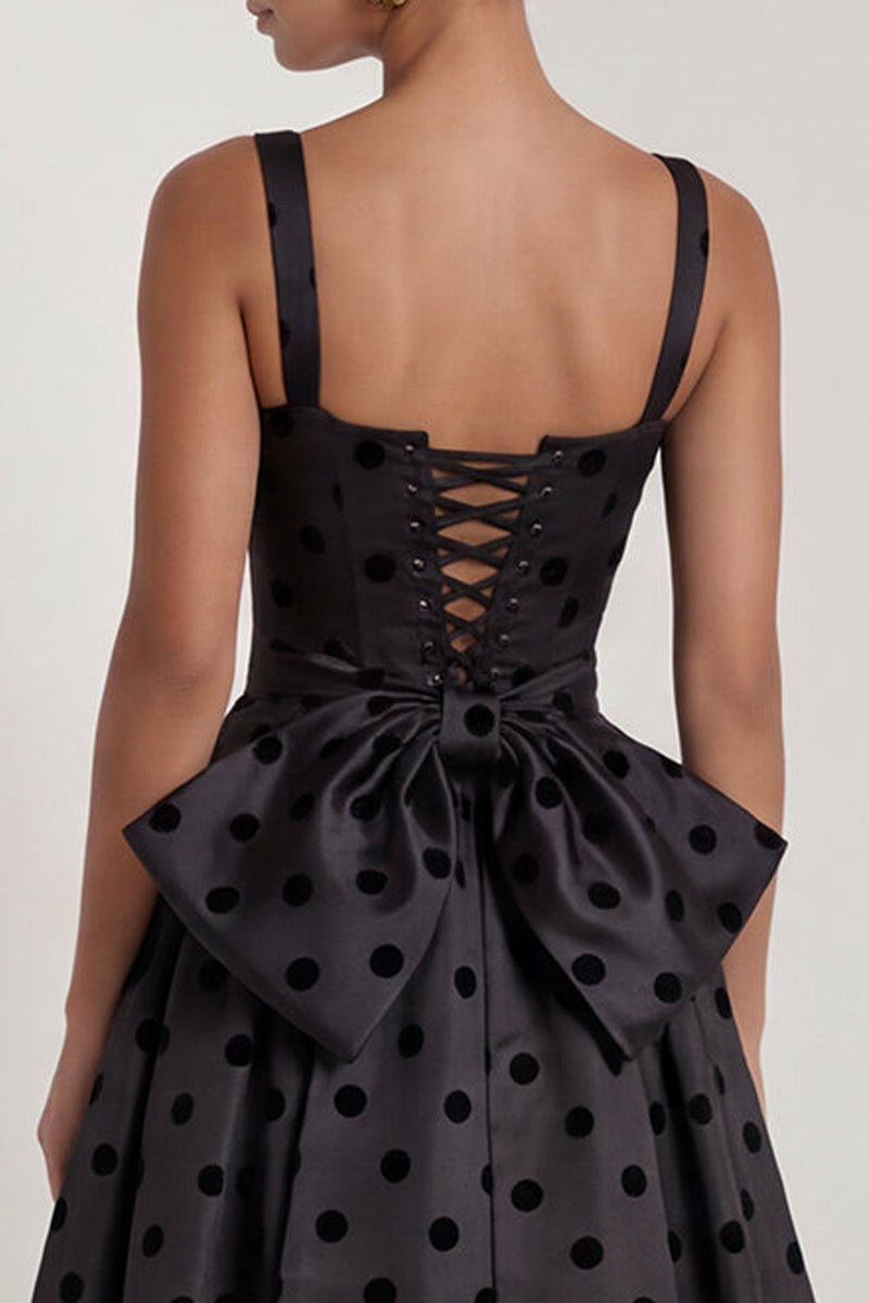 Load image into Gallery viewer, Square Neck Long A Line Black Polka Dots Formal Dress with Bow