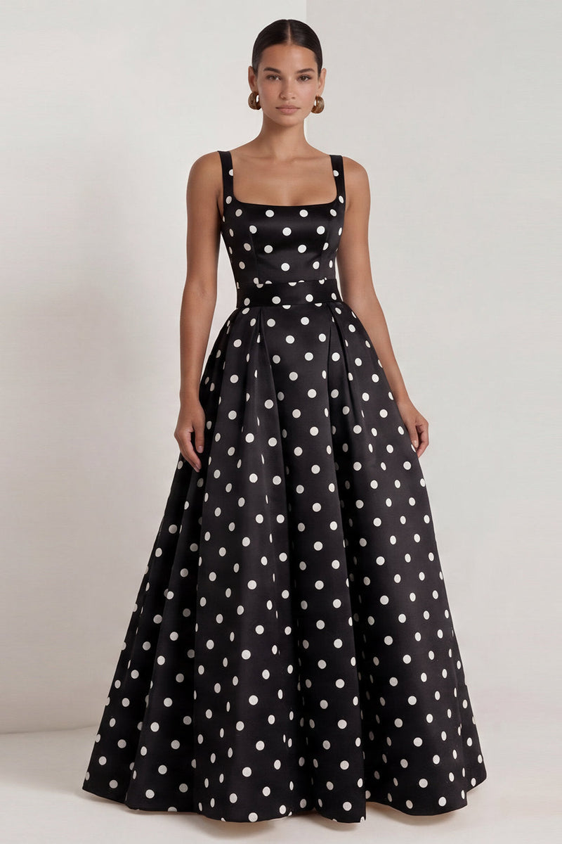 Load image into Gallery viewer, Square Neck Long A Line Black Polka Dots Formal Dress with Bow