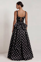 Load image into Gallery viewer, Square Neck Long A Line Black Polka Dots Formal Dress with Bow