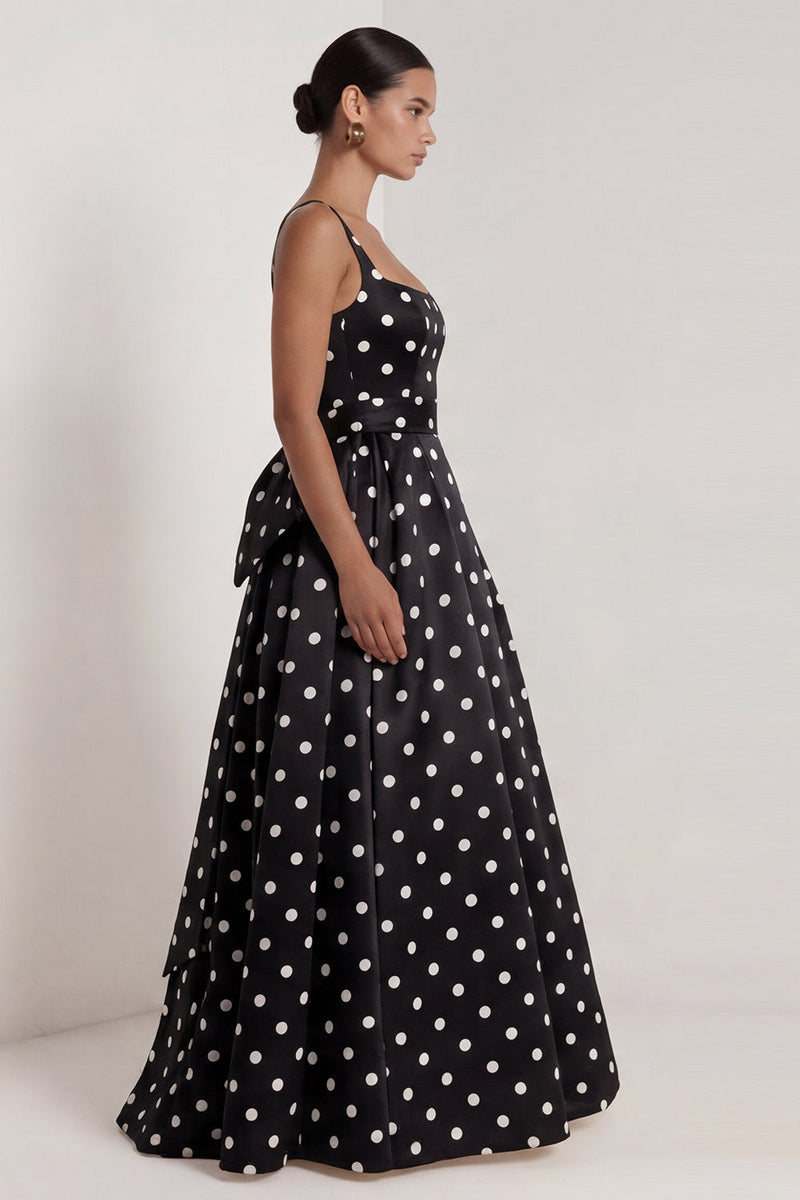 Load image into Gallery viewer, Square Neck Long A Line Black Polka Dots Formal Dress with Bow