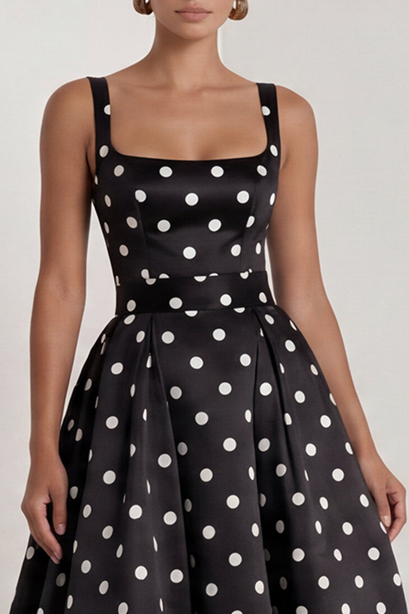 Load image into Gallery viewer, Square Neck Long A Line Black Polka Dots Formal Dress with Bow