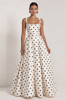 Load image into Gallery viewer, Square Neck Long A Line Black Polka Dots Formal Dress with Bow