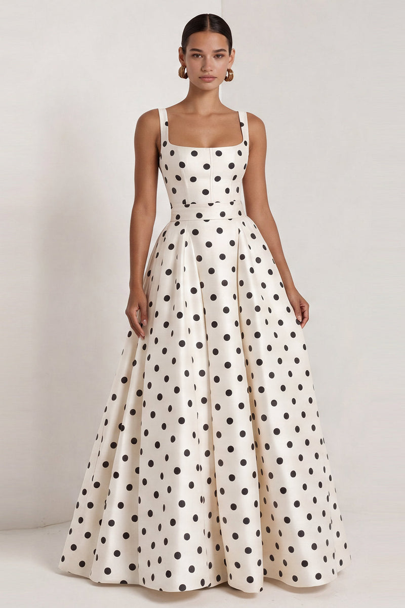 Load image into Gallery viewer, Square Neck Long A Line Black Polka Dots Formal Dress with Bow