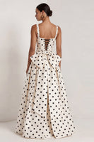Load image into Gallery viewer, Square Neck Long A Line Black Polka Dots Formal Dress with Bow
