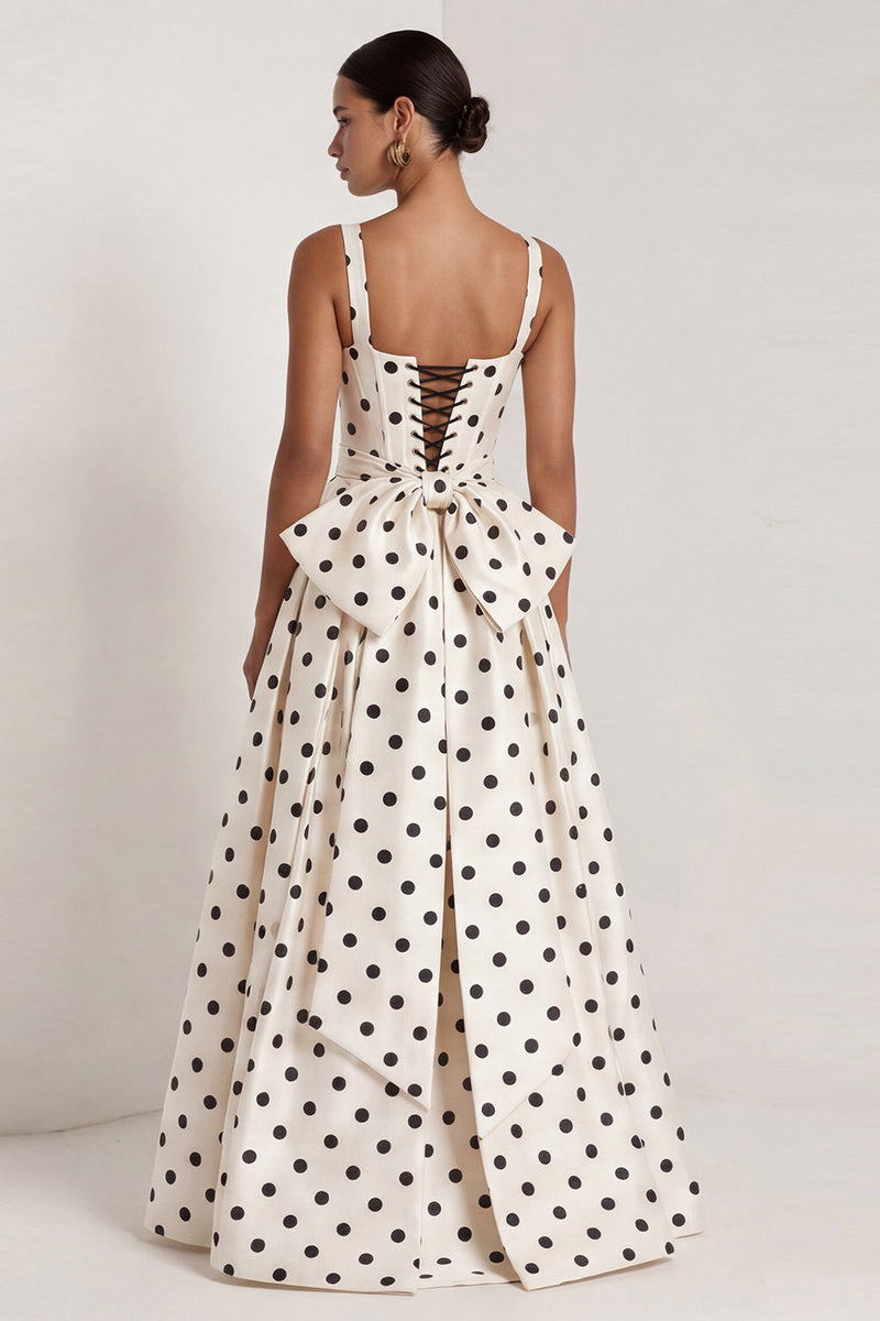 Load image into Gallery viewer, Square Neck Long A Line Black Polka Dots Formal Dress with Bow