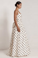 Load image into Gallery viewer, Square Neck Long A Line Black Polka Dots Formal Dress with Bow