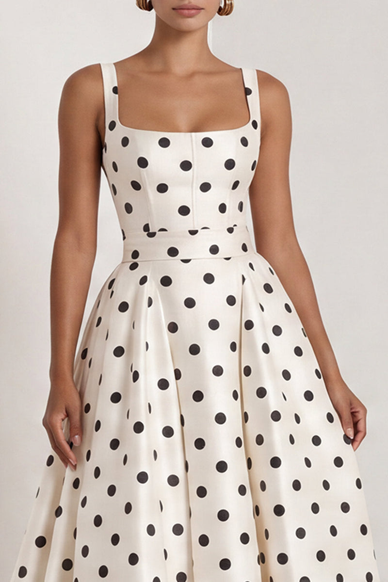 Load image into Gallery viewer, Square Neck Long A Line Black Polka Dots Formal Dress with Bow