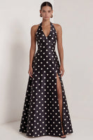Load image into Gallery viewer, A Line Halter Black and White Polka Dots Long Formal Dress with Bow