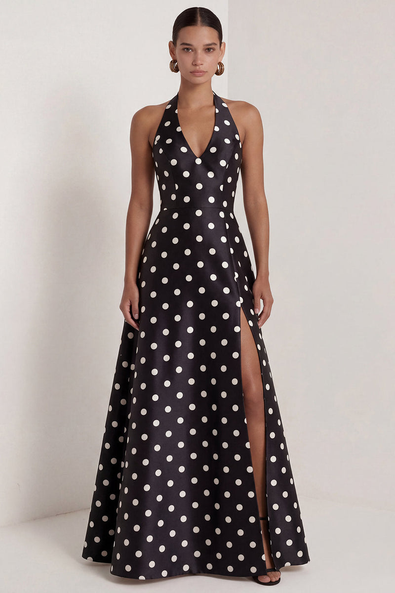 Load image into Gallery viewer, A Line Halter Black and White Polka Dots Long Formal Dress with Bow