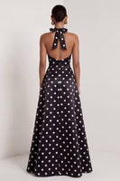 Load image into Gallery viewer, A Line Halter Black and White Polka Dots Long Formal Dress with Bow