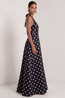 Load image into Gallery viewer, A Line Halter Black and White Polka Dots Long Formal Dress with Bow