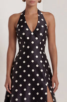 Load image into Gallery viewer, A Line Halter Black and White Polka Dots Long Formal Dress with Bow