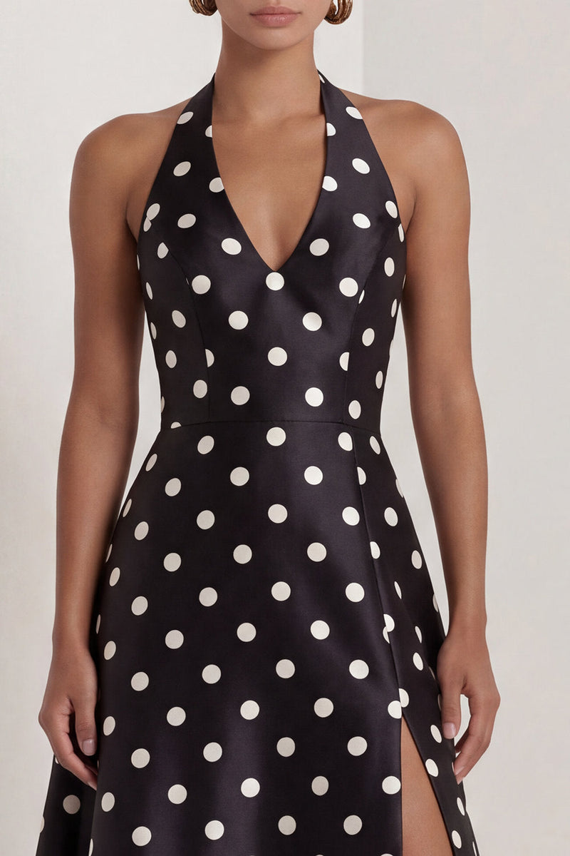 Load image into Gallery viewer, A Line Halter Black and White Polka Dots Long Formal Dress with Bow