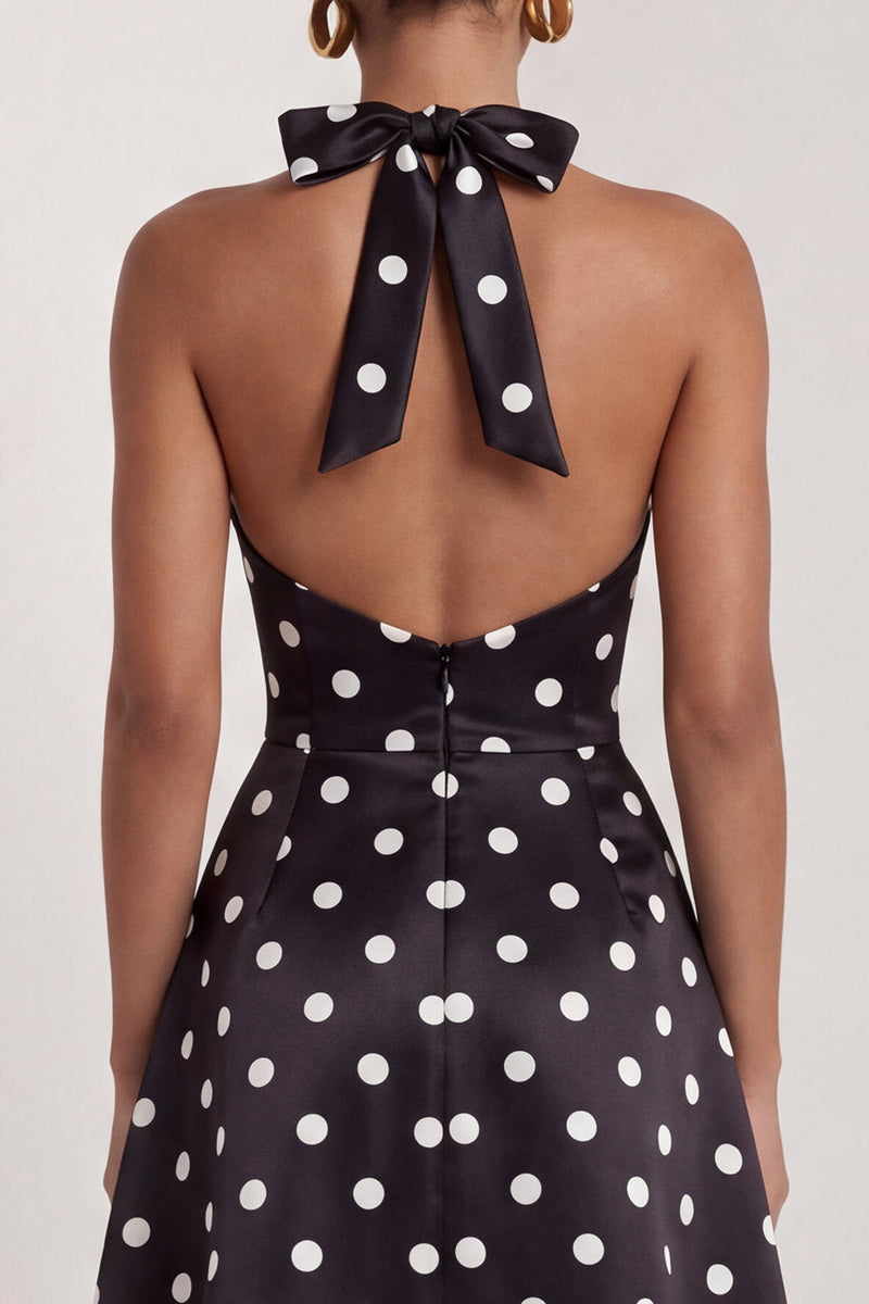 Load image into Gallery viewer, A Line Halter Black and White Polka Dots Long Formal Dress with Bow