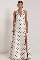 Load image into Gallery viewer, A Line Halter Black and White Polka Dots Long Formal Dress with Bow