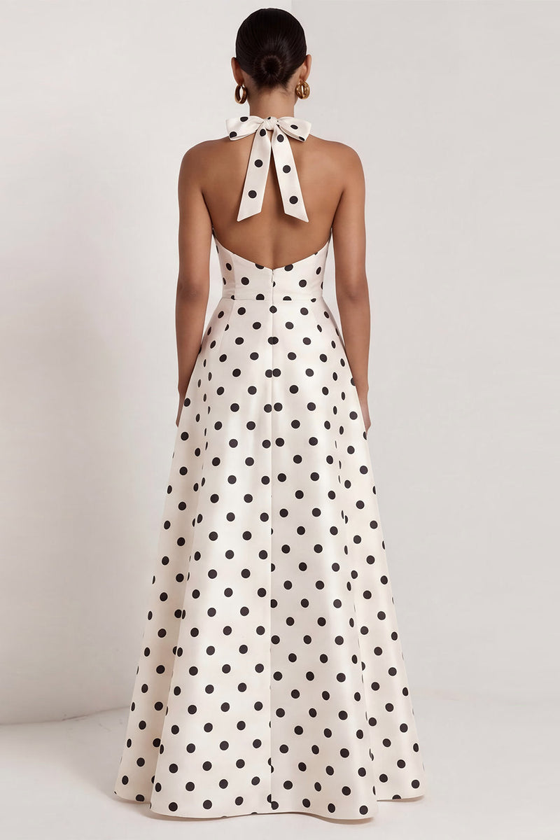 Load image into Gallery viewer, A Line Halter Black and White Polka Dots Long Formal Dress with Bow