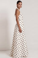 Load image into Gallery viewer, A Line Halter Black and White Polka Dots Long Formal Dress with Bow