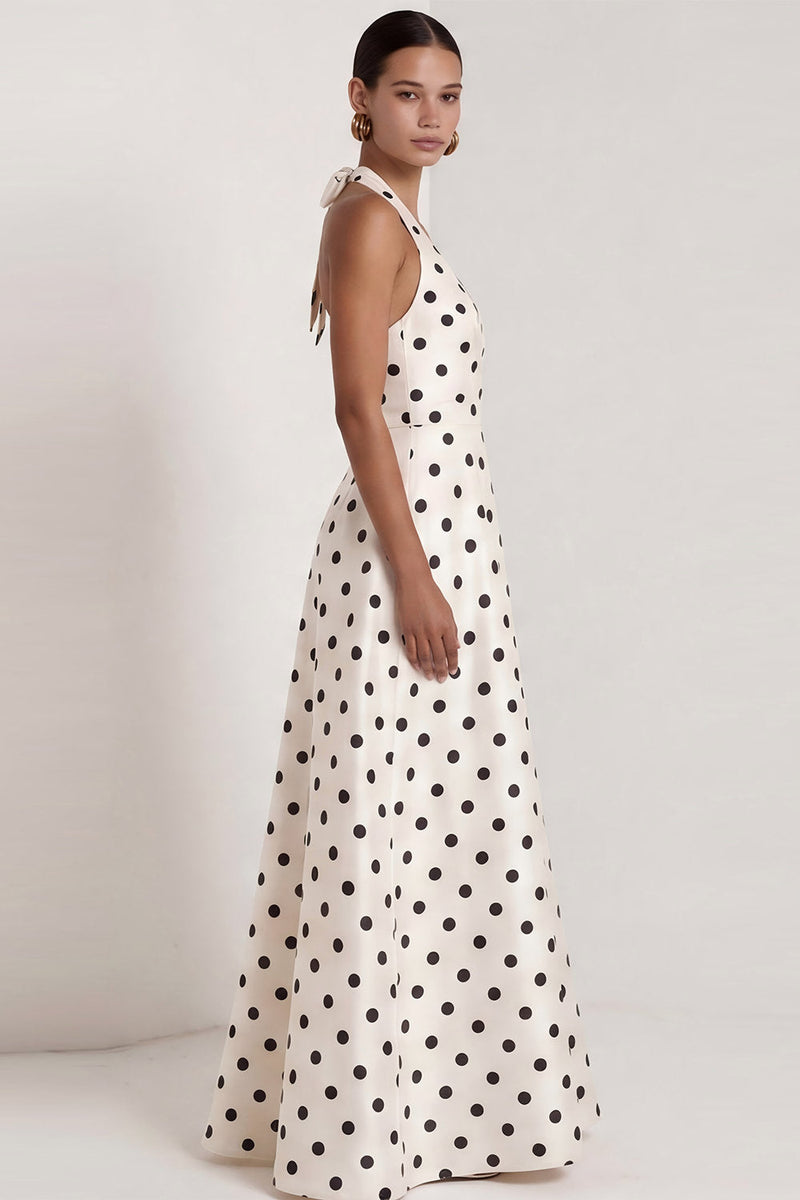 Load image into Gallery viewer, A Line Halter Black and White Polka Dots Long Formal Dress with Bow