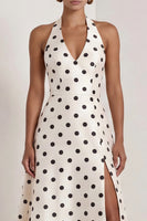 Load image into Gallery viewer, A Line Halter Black and White Polka Dots Long Formal Dress with Bow