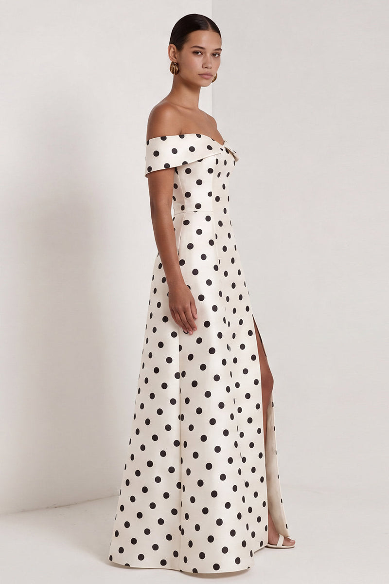 Load image into Gallery viewer, Black and White Polka Dots A Line Long Formal Dress with Slit