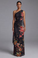 Load image into Gallery viewer, Black Sheath Floral Ruched Maxi Beach Wedding Guest Dress