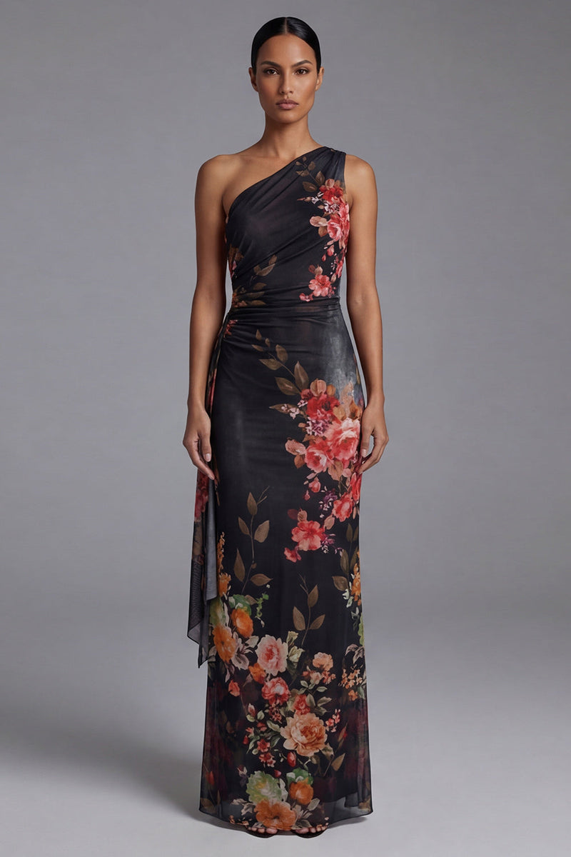 Load image into Gallery viewer, Black Sheath Floral Ruched Maxi Beach Wedding Guest Dress