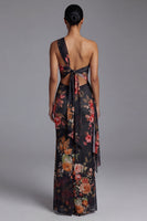 Load image into Gallery viewer, Black Sheath Floral Ruched Maxi Beach Wedding Guest Dress