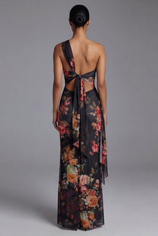 Black Sheath Floral Ruched Maxi Beach Wedding Guest Dress