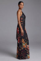 Load image into Gallery viewer, Black Sheath Floral Ruched Maxi Beach Wedding Guest Dress