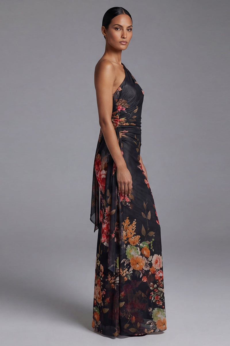Load image into Gallery viewer, Black Sheath Floral Ruched Maxi Beach Wedding Guest Dress