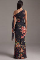 Load image into Gallery viewer, Floral Ruched Mermaid Maxi Black Beach Wedding Guest Dress