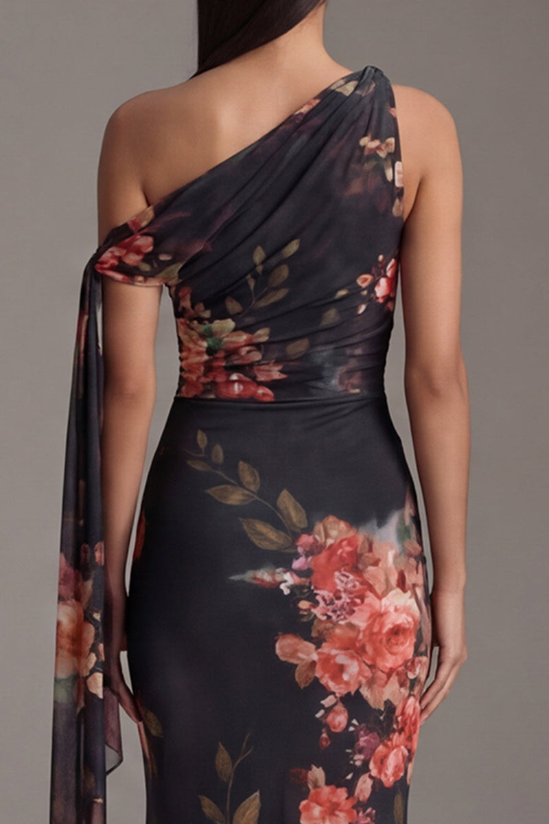 Load image into Gallery viewer, Floral Ruched Mermaid Maxi Black Beach Wedding Guest Dress