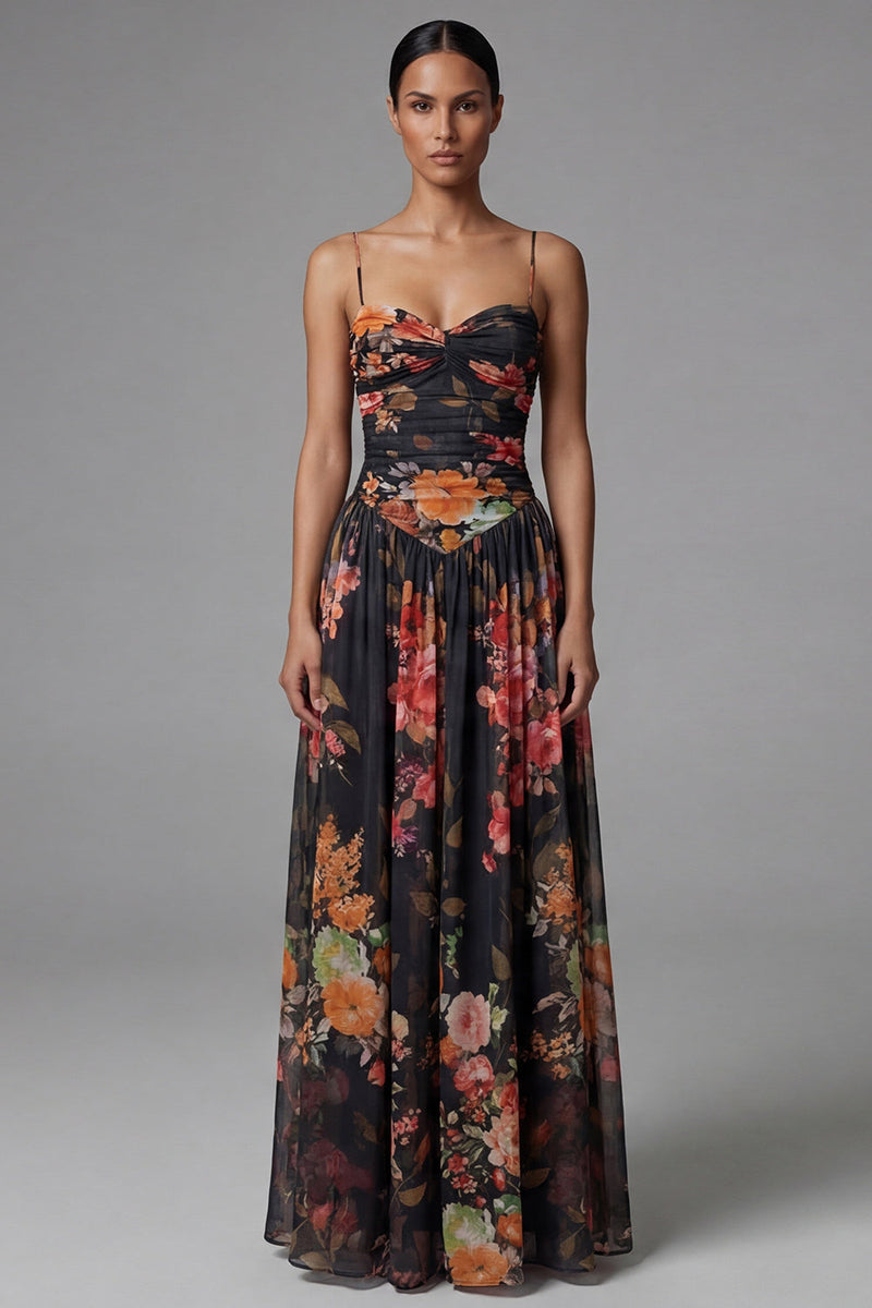 Load image into Gallery viewer, A Line Floral Maxi Spaghetti Straps Black Beach Wedding Guest Dress