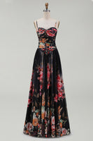 Load image into Gallery viewer, A Line Floral Maxi Spaghetti Straps Black Beach Wedding Guest Dress