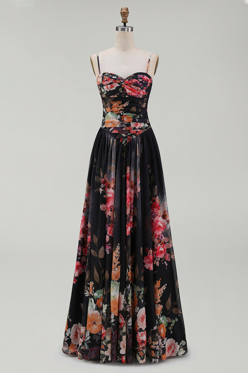 Load image into Gallery viewer, A Line Floral Maxi Spaghetti Straps Black Beach Wedding Guest Dress