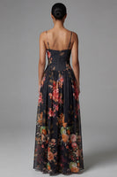 Load image into Gallery viewer, A Line Floral Maxi Spaghetti Straps Black Beach Wedding Guest Dress