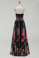 Load image into Gallery viewer, A Line Floral Maxi Spaghetti Straps Black Beach Wedding Guest Dress