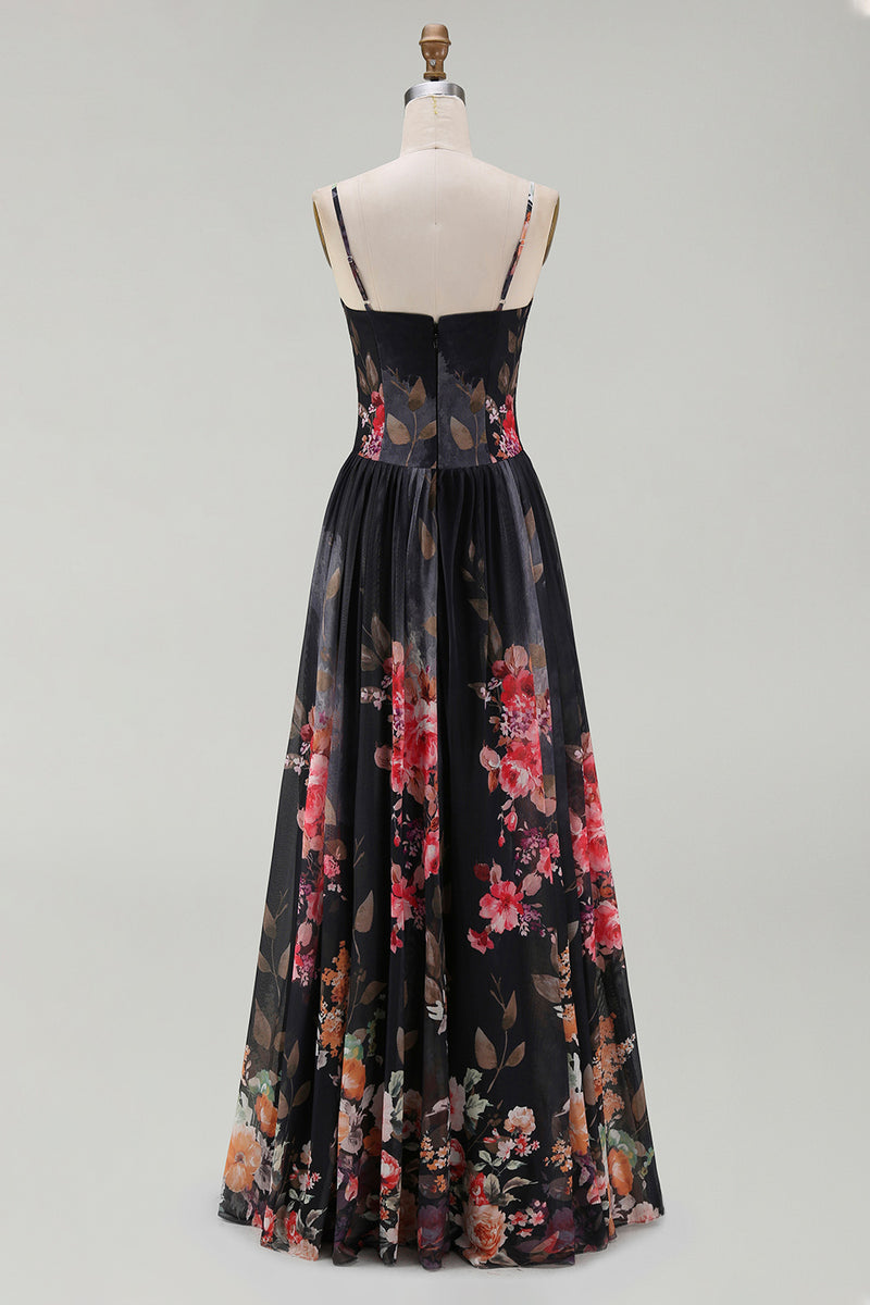 Load image into Gallery viewer, A Line Floral Maxi Spaghetti Straps Black Beach Wedding Guest Dress