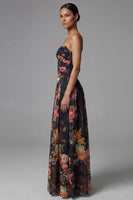 Load image into Gallery viewer, A Line Floral Maxi Spaghetti Straps Black Beach Wedding Guest Dress