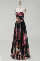 Load image into Gallery viewer, A Line Floral Maxi Spaghetti Straps Black Beach Wedding Guest Dress