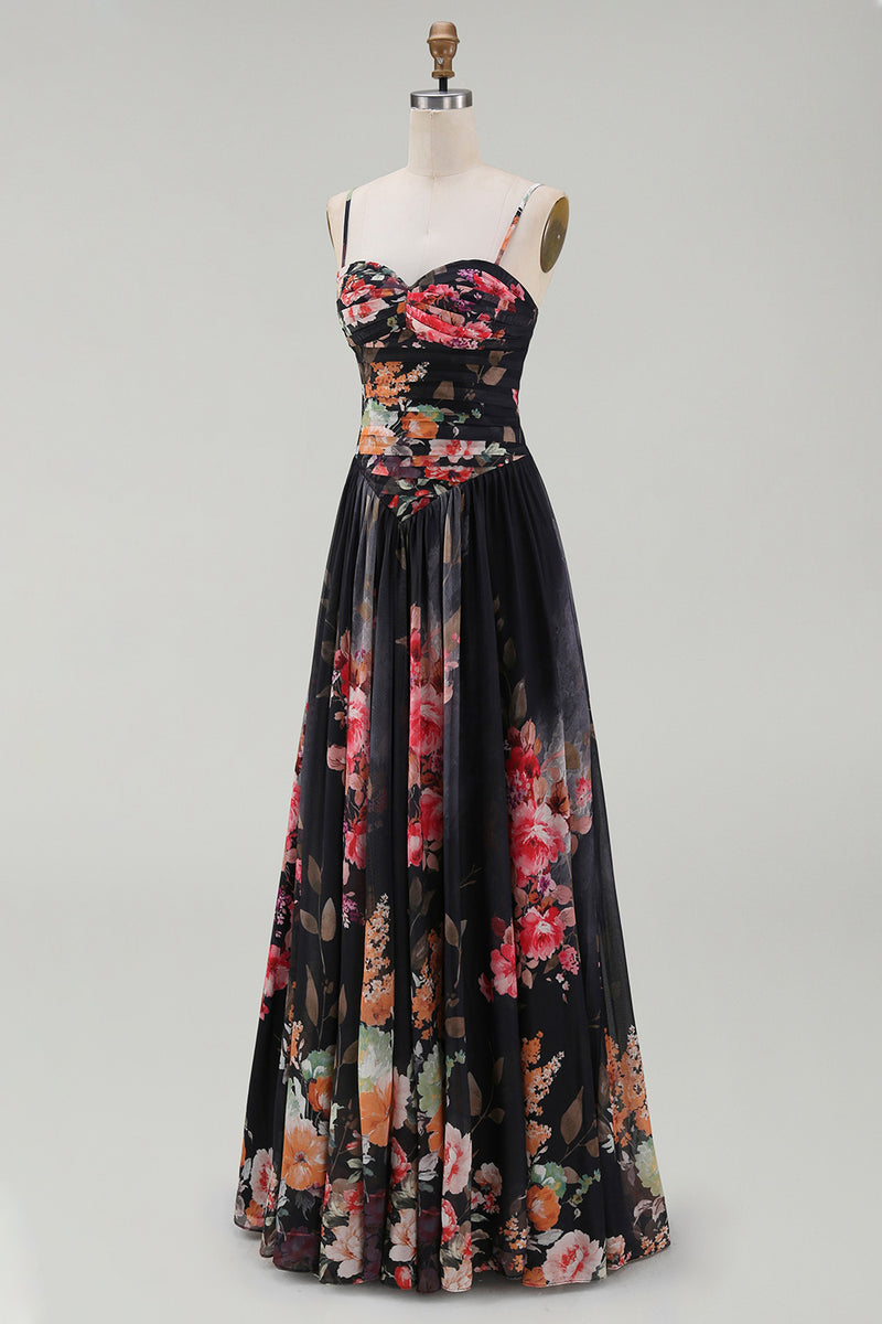 Load image into Gallery viewer, A Line Floral Maxi Spaghetti Straps Black Beach Wedding Guest Dress