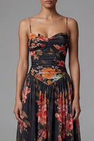 Load image into Gallery viewer, A Line Floral Maxi Spaghetti Straps Black Beach Wedding Guest Dress