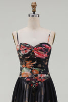 Load image into Gallery viewer, A Line Floral Maxi Spaghetti Straps Black Beach Wedding Guest Dress