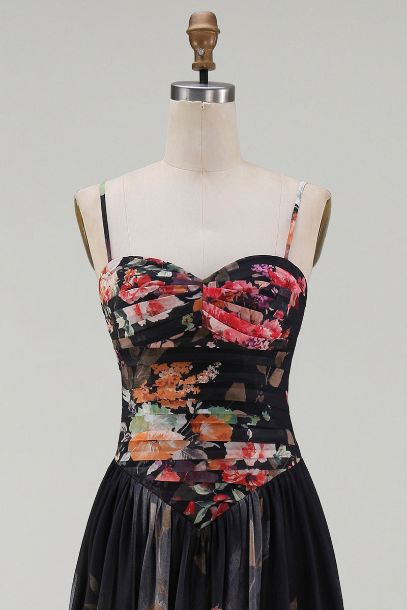 Load image into Gallery viewer, A Line Floral Maxi Spaghetti Straps Black Beach Wedding Guest Dress