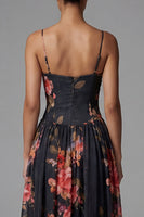 Load image into Gallery viewer, A Line Floral Maxi Spaghetti Straps Black Beach Wedding Guest Dress