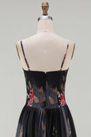 Load image into Gallery viewer, A Line Floral Maxi Spaghetti Straps Black Beach Wedding Guest Dress