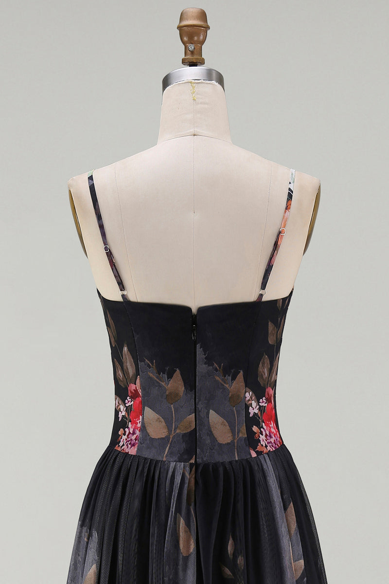 Load image into Gallery viewer, A Line Floral Maxi Spaghetti Straps Black Beach Wedding Guest Dress