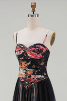 Load image into Gallery viewer, A Line Floral Maxi Spaghetti Straps Black Beach Wedding Guest Dress