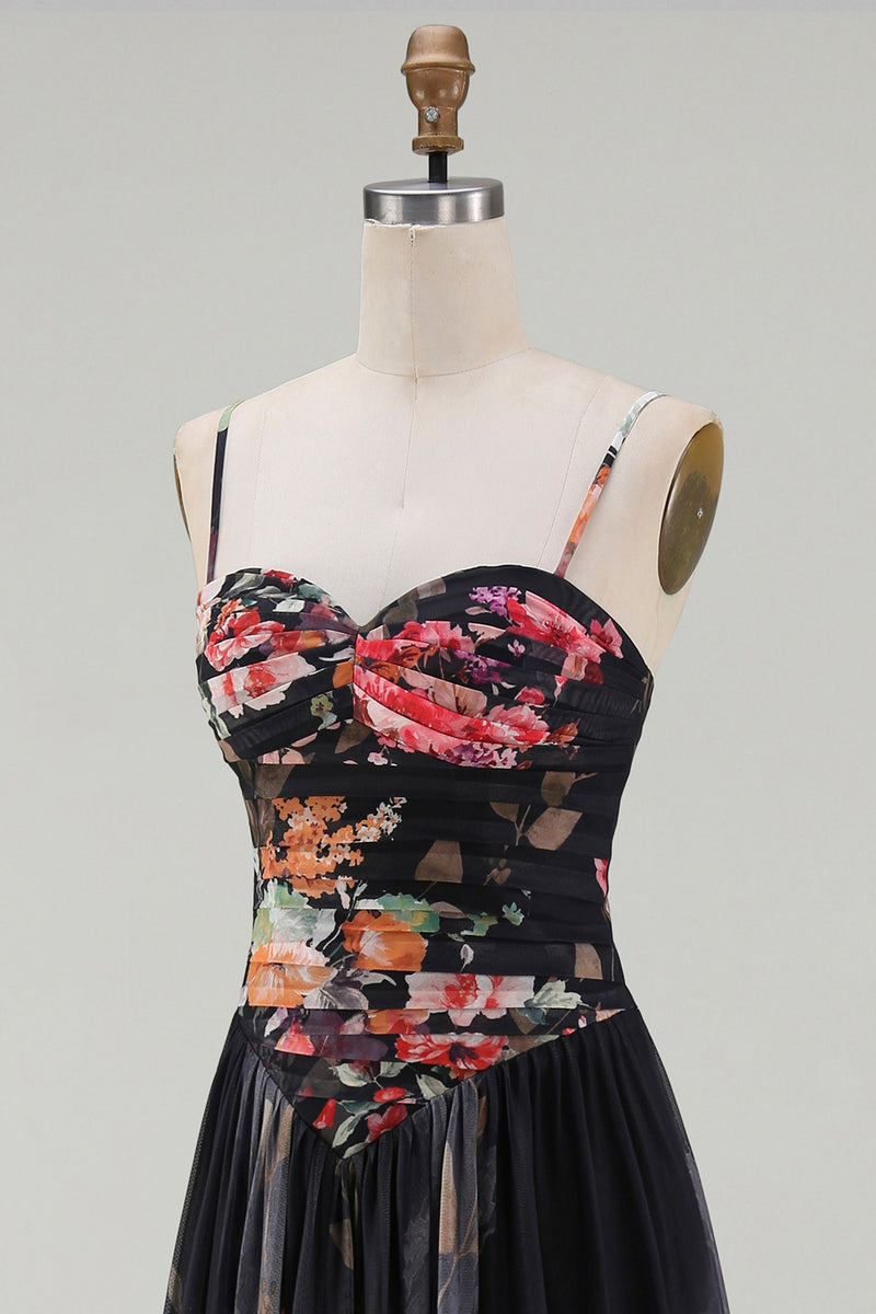 Load image into Gallery viewer, A Line Floral Maxi Spaghetti Straps Black Beach Wedding Guest Dress
